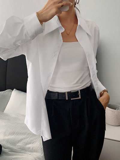 Long Sleeves Loose Buttoned Solid Color Lapel Blouses&Shirts Tops
