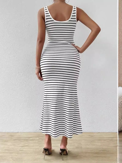 Bodycon Sleeveless Split-Joint Striped U-Neck Midi Dresses