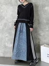 A-Line Loose Contrast Color Drawstring Split-Joint Striped Skirts Bottoms