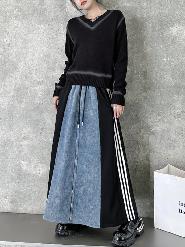 A-Line Loose Contrast Color Drawstring Split-Joint Striped Skirts Bottoms