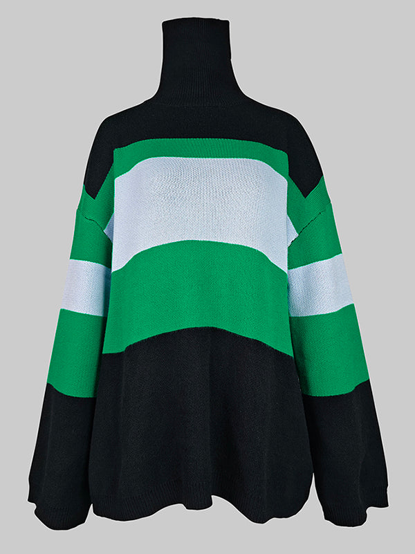 Flared Sleeves High-Low Contrast Color Split-Joint High Neck Pullovers Sweater Tops