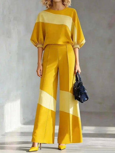 Batwing Sleeves Loose Contrast Color Pleated Split-Joint Round-Neck Blouses&Shirts Tops