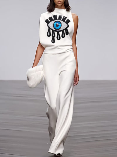 Applique Asymmetric Embroidered Figure Mock Neck Blouses&shirts Tops