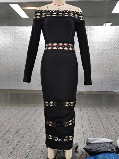 Bodycon Long Sleeves Hollow Solid Color Split-Joint Off-The-Shoulder Midi Dresses
