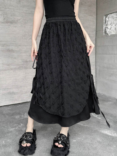 Solid Color Split-Joint Asymmetric Drawstring Flower Print   False Two Lapel Buttoned Pockets Blouses&Shirts Tops + Elasticated Waist Double Layered Skirts Bottoms Two Pieces Set