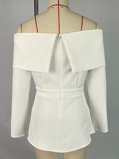 Long Sleeves Loose Pleated Solid Color Split-Front Off-The-Shoulder Blouses&Shirts Tops