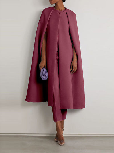 Cap Sleeve Solid Color Round-Neck Cape Pants Pants Set Two Pieces Set