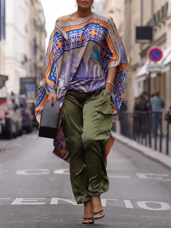 Batwing Sleeves Half Sleeves Contrast Color Printed One-shoulder Blouses&shirts Tops