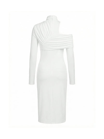 Irregularity Long Sleeves Asymmetric Pleated Solid Color Split-Front Split-Joint Split-Side High Neck Midi Dresses