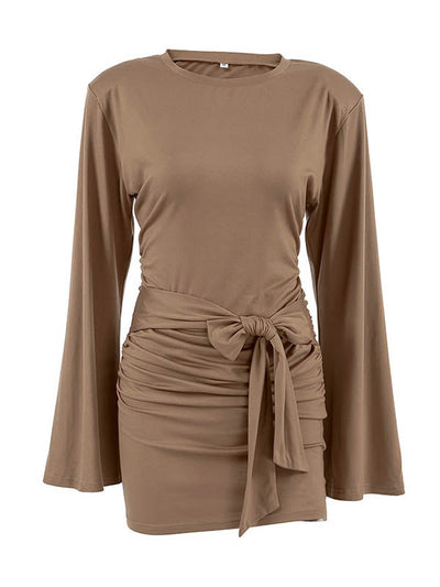 A-Line Bodycon Pleated Solid Color Tied Waist Zipper Round-Neck Mini Dresses