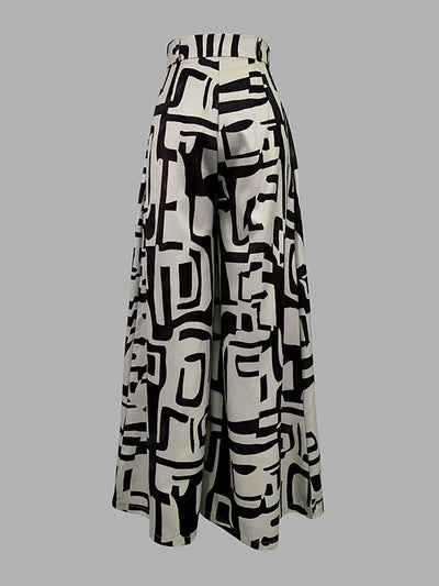 High Waisted Loose Pleated Printed Split-Joint Pants Trousers