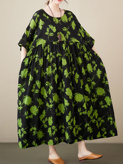 Loose Floral Pleated Round-Neck Midi Dresses