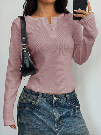 Long Sleeves Skinny Buttoned Solid Color Round-Neck Blouses&Shirts Tops