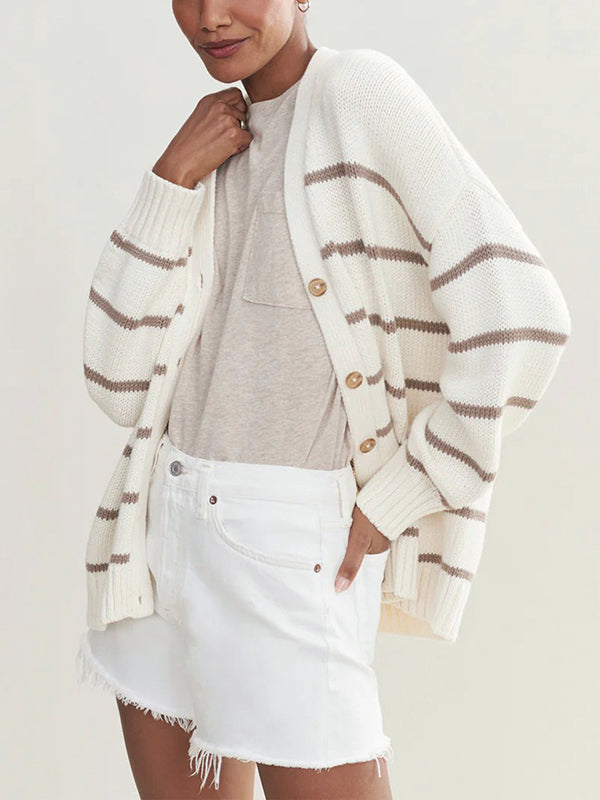 Long Sleeves Loose Split-Joint Striped V-Neck Cardigan Tops