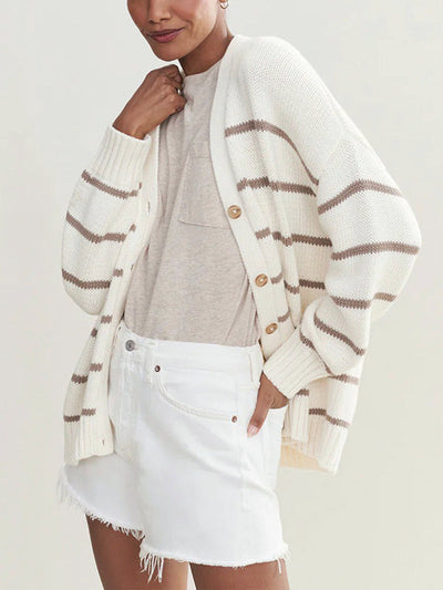 Long Sleeves Loose Split-Joint Striped V-Neck Cardigan Tops
