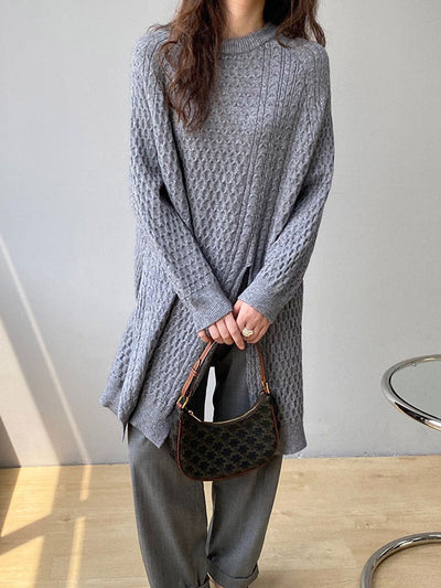 Original Irregular 5 Colors Split-Side Round-Neck Long Sleeves Sweater Top