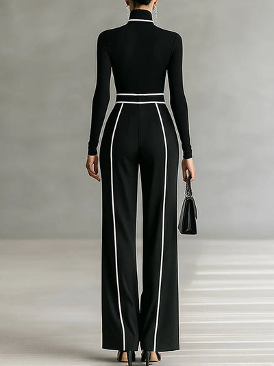 High Waisted Loose Belted Contrast Color Pockets Pants Trousers