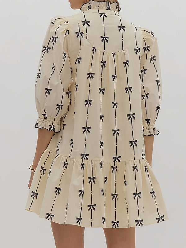 A-Line Loose Bowknot Contrast Color Printed Split-Joint Stand Collar Midi Dresses