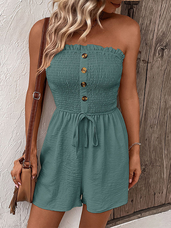 Loose Plus Size Buttoned Drawstring Elasticity Pockets Split-Joint Tube Rompers