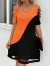 A-Line Loose Contrast Color Hollow Mesh Split-Joint Cold Shoulder Mini Dresses