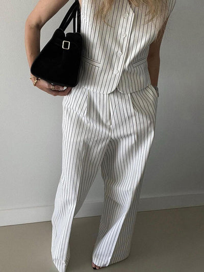 Loose Sleeveless Buttoned Striped V-Neck Vest Top + Pockets Pants Bottom Two Pieces Set