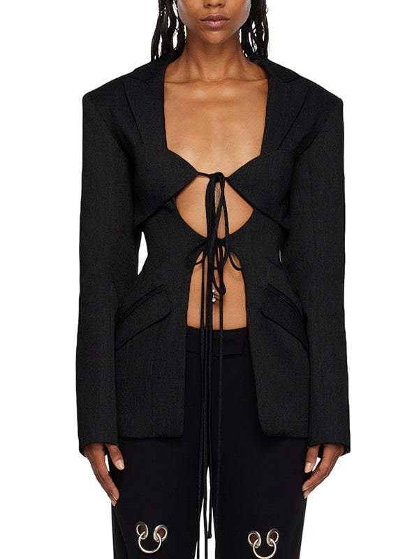 Long Sleeves Loose Pockets Solid Color Tied Notched Collar Blazer Outerwear