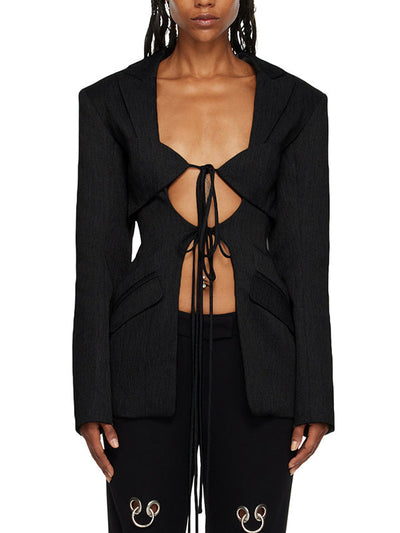 Long Sleeves Loose Pockets Solid Color Tied Notched Collar Blazer Outerwear