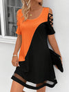 A-Line Loose Contrast Color Hollow Mesh Split-Joint Cold Shoulder Mini Dresses