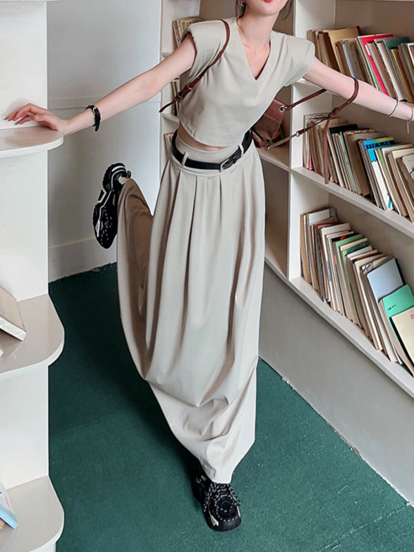 A-Line High Waisted Belted Pleated Solid Color Skirts Bottoms