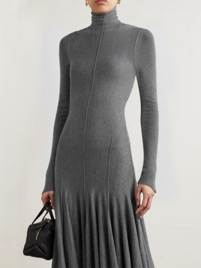 Long Sleeves Skinny Solid Color High Neck Maxi Dresses