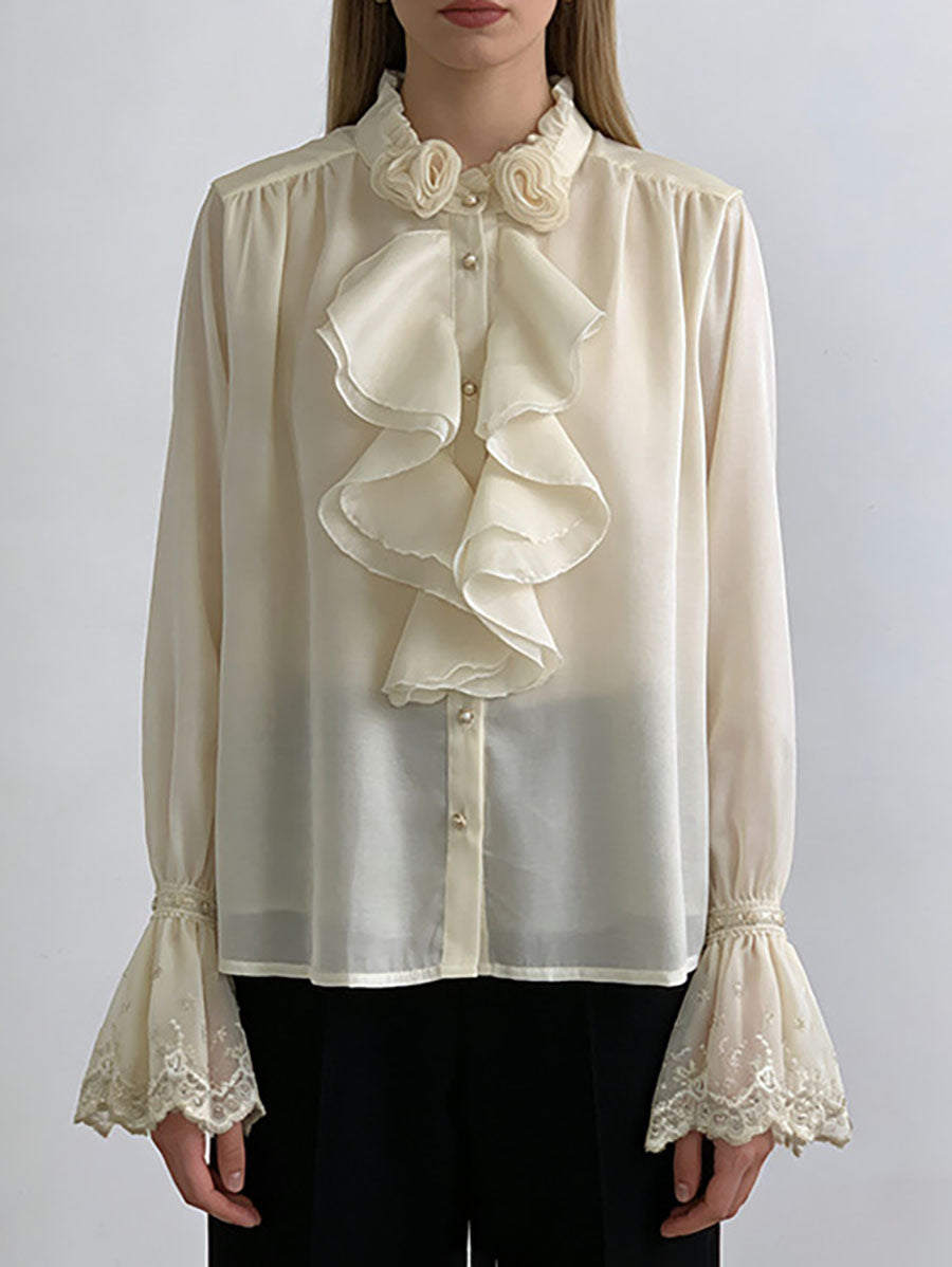Long Sleeves Ruffle Sleeves Buttoned Pleated Ruffled Solid Color Split-Joint Stand Collar Blouses&Shirts Tops