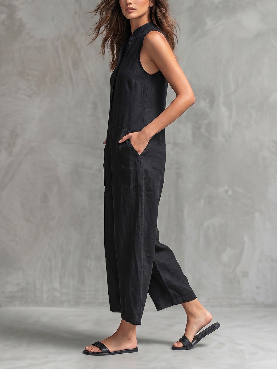 High Waisted Sleeveless Buttoned Pockets Solid Color Stand Collar Jumpsuits