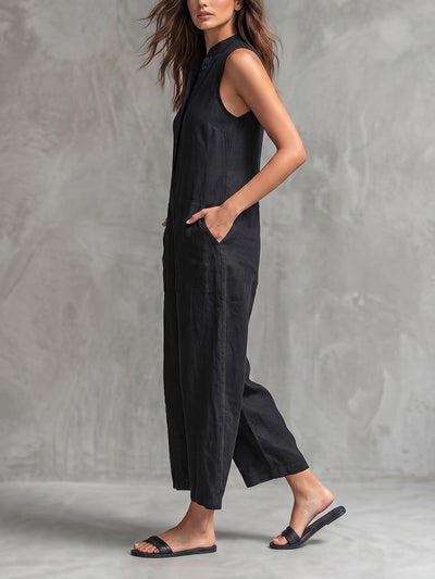 High Waisted Sleeveless Buttoned Pockets Solid Color Stand Collar Jumpsuits