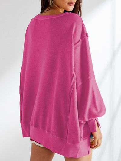 Long Sleeves Loose Fringed Solid Color Split-Joint Split-Side Round-Neck Sweatershirt