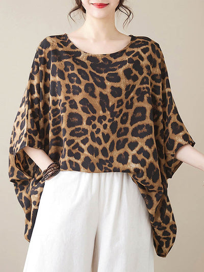 Batwing Sleeves Loose Leopard Round-Neck T-Shirts Tops