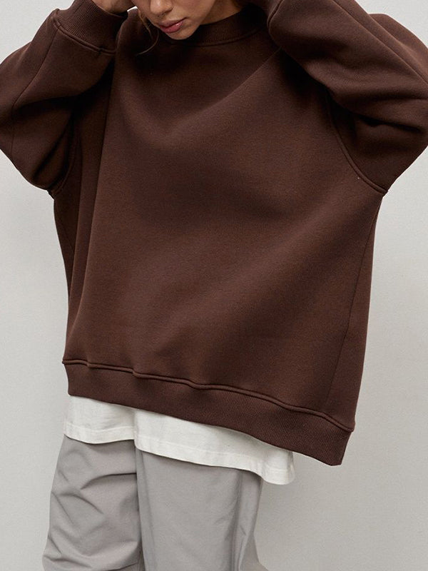 Long Sleeves Loose Solid Color Round-Neck Sweatshirt Tops