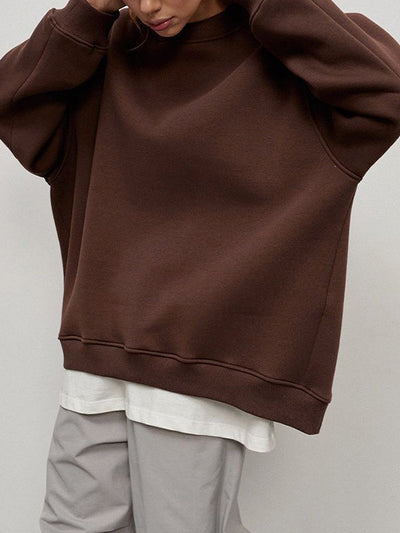 Long Sleeves Loose Solid Color Round-Neck Sweatshirt Tops