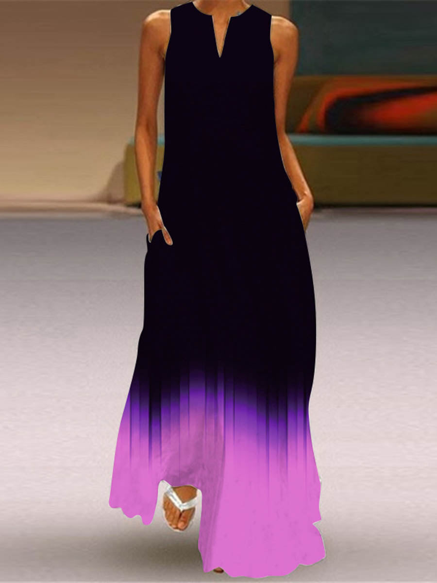 A-Line Loose Contrast Color Pockets Printed Split-Joint V-Neck Maxi Dresses