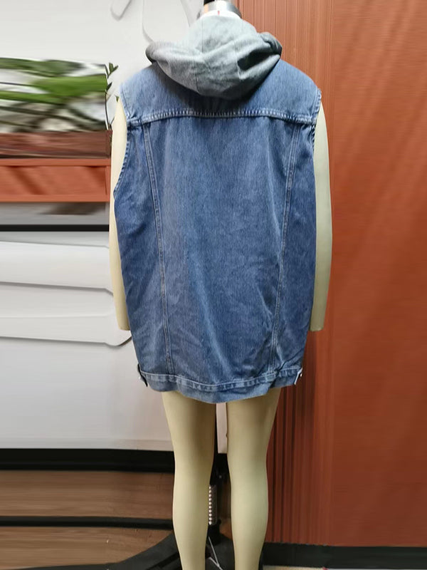 Loose Sleeveless Buttoned Detachable Drawstring Hooded Pockets Split-Joint Polo Vest Outerwear