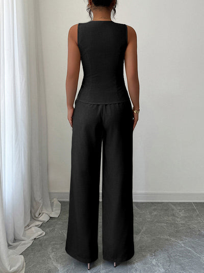 Contrast Color Sleeveless Buttoned V-Neck Blouses&Shirts Tops + High Waisted Pants Trousers Two Pieces Set