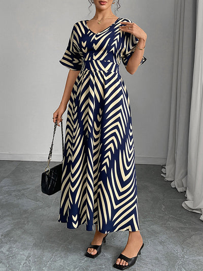 Elasticated Waist High Waisted Contrast Color Geometric Printed Split-Joint V-Neck Maxi Dresses