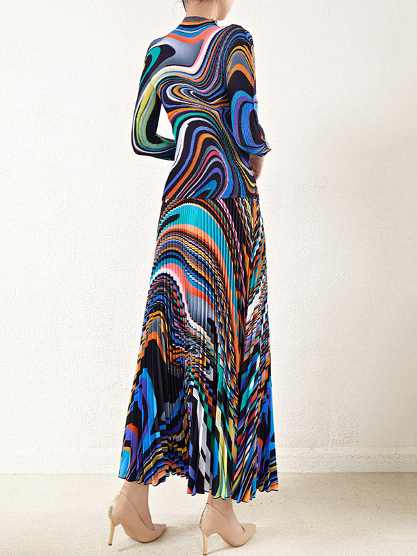 Long Sleeves Contrast Color Pleated Mock Neck T-Shirt Top + Printed A-Line Skirts Bottom Two Pieces Set