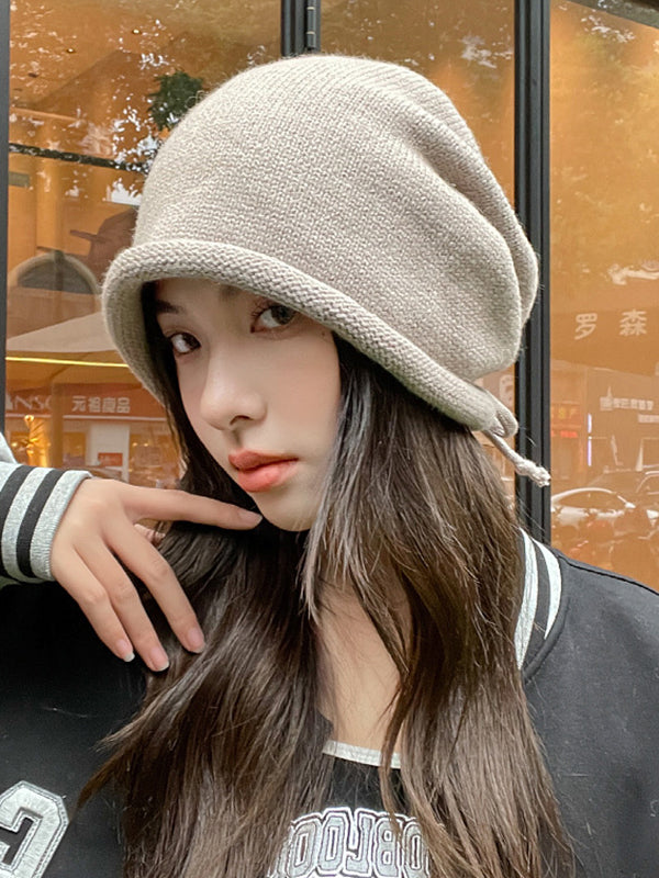 Drawstring Keep Warm Solid Color Tied Knitted Hats