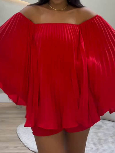 Batwing Sleeves Loose Pleated Solid Color Off-The-Shoulder Shirt Top + Shorts Bottom Two Pieces Set