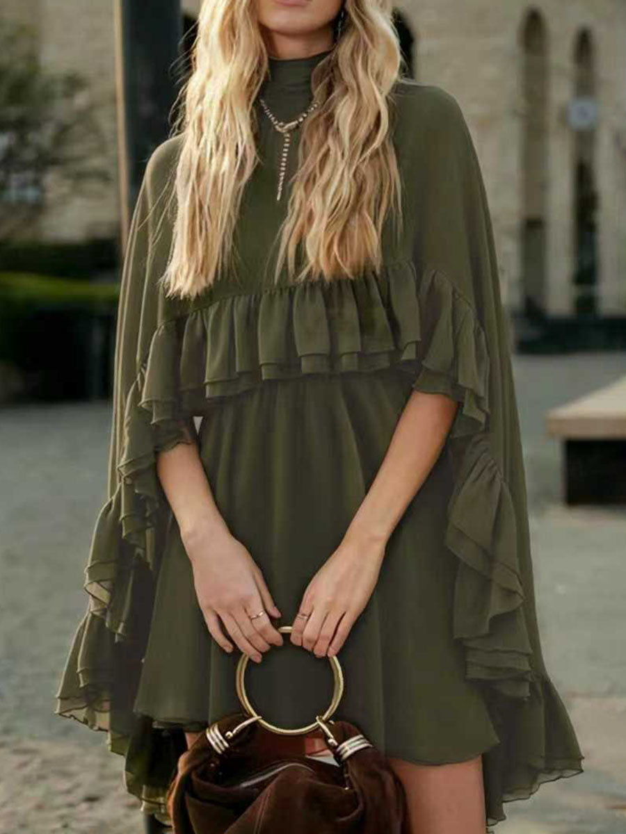 High Waisted Sleeveless Pleated Ruffled Solid Color Split-Joint Tied Mock Neck Mini Dresses Two Pieces Set