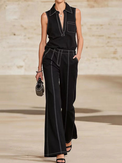 High Waisted Wide Leg Line Pockets Solid Color Pants Trousers