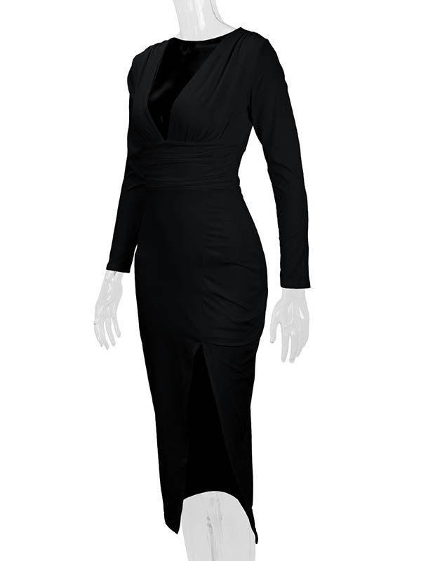 Bodycon Elasticated Waist Pleated Solid Color Split-Joint Split-Side Deep V-Neck Midi Dresses