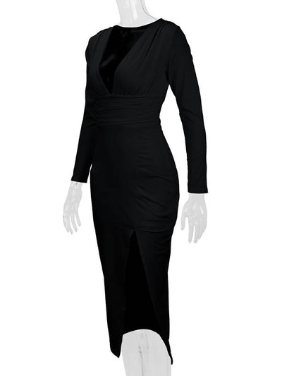 Bodycon Elasticated Waist Pleated Solid Color Split-Joint Split-Side Deep V-Neck Midi Dresses