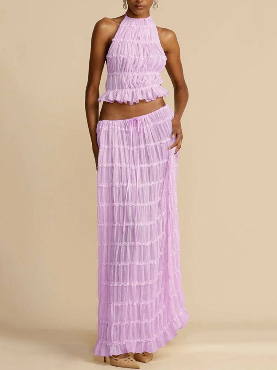 Pleated Solid Color Textured Halter-Neck Cropped Backless Ruffled Tank Top + Tied Waist High Waisted Skirts Bottoms Two Pieces Set