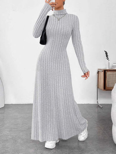 Long Sleeves Pleated Solid Color Split-Joint High Neck Maxi Dresses